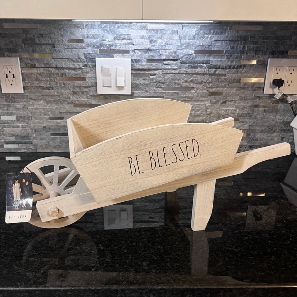 Rae Dunn BE BLESSED Whitewashed Wooden Wheelbarrow for Fall